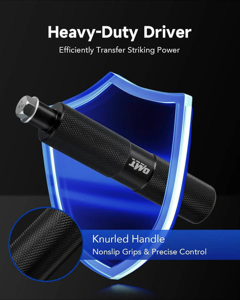 Heavy-duty driver with knurled handle for Bearing Press Kit, 10pc Bearing Race and Seal Driver Set, emphasizing nonslip grips and control.