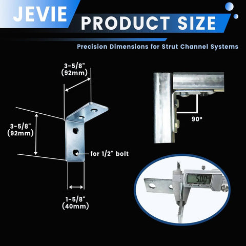 Heavy-duty L angle bracket for 1-5/8 inch strut channel delivers secure 90 degree connections with 3/16 inch thick galvanized steel, compatible with 1/2-13 bolts, ideal for durable, corrosion-resistant framing in a 10-pack shown in detailed dimensions highlighting sturdy design.