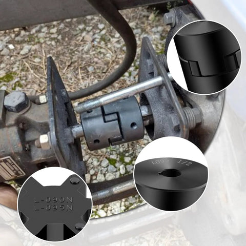 Installed Heavy Duty L095 3 Piece L-Jaw Coupling Set with Buna N Rubber Spider, visible in a mechanical setup, showing close-up details.