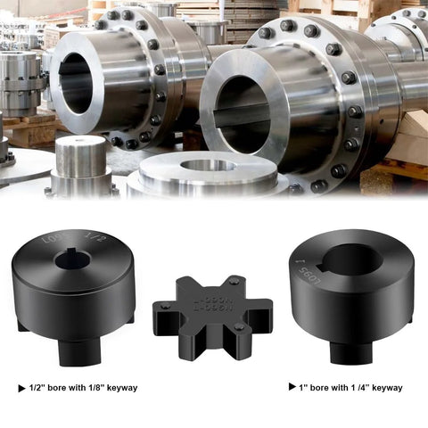 Heavy Duty L095 3 Piece L-Jaw Coupling Set with Buna N Rubber Spider for 1/2 to 1 inch shafts in workshop setting