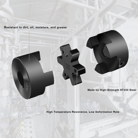 Heavy Duty L095 3 Piece L-Jaw Coupling Set with Buna N Rubber Spider for 1/2 to 1 Inch Shafts, showing HT250 steel components