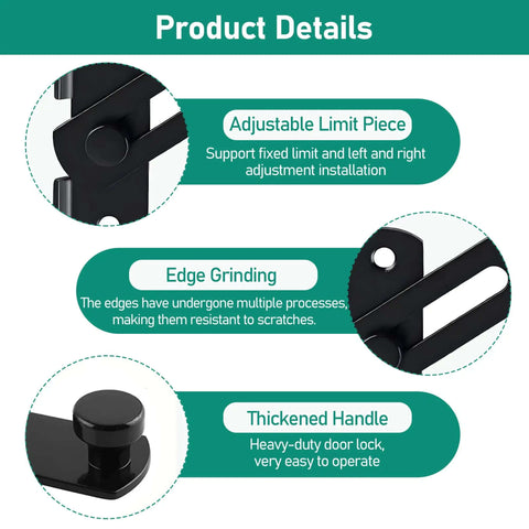 Product details of Beefy 4 Inch Heavy Duty Flip Latch, showing adjustable limit piece, edge grinding, and thickened handle in matte black.
