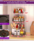 Heavy Duty 3 Tier Lazy Susan Organizer on kitchen countertop, featuring adjustable height rotating spice rack, stable 360 rotation, wooden boards