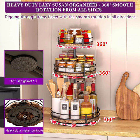 Heavy Duty 3 Tier Lazy Susan Organizer on kitchen countertop, featuring adjustable height rotating spice rack, stable 360 rotation, wooden boards