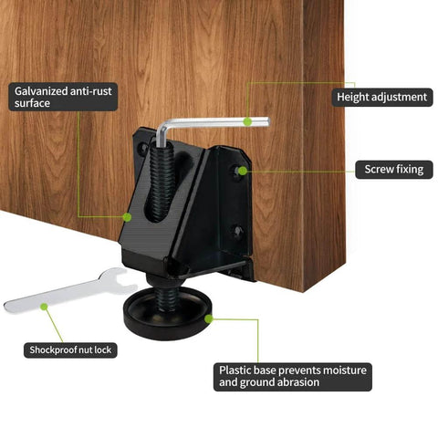 Heavy Duty Leg Leveler Kit for Furniture Tables and Cabinets with 2 Inch Adjustable Height 0 to 2 Inch Range Plastic Protective Base Cover Floor Safe installed on wooden furniture.