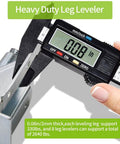 Close-up of Heavy Duty Leg Leveler Kit for Furniture Tables with caliper measuring 0.08 inch thickness, steel construction visible.