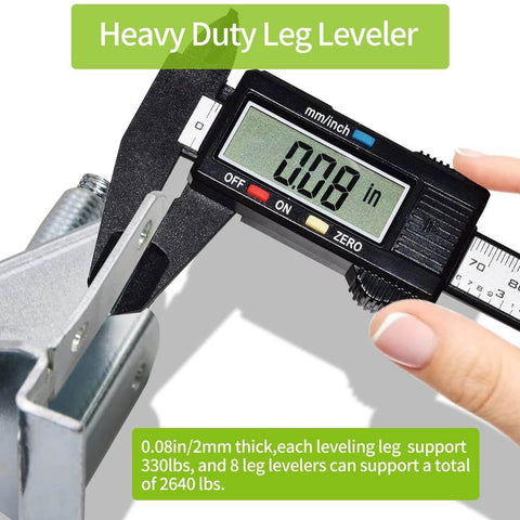 Close-up of Heavy Duty Leg Leveler Kit for Furniture Tables with caliper measuring 0.08 inch thickness, steel construction visible.