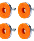 Rock Solid Heavy Duty Adjustable Leg Leveler Set 4 Pack M8 thread 600 lb capacity, orange and silver tone rubber base, carbon steel.