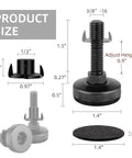 Product size diagram for Heavy Duty Leg Levelers Set Of 12 3/8-16 Thread Adjustable Feet for tables, chairs, and cabinets.