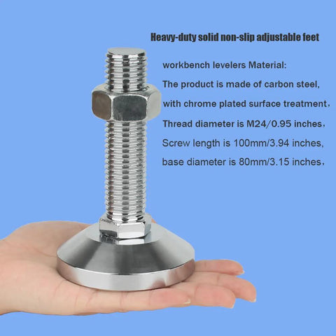 Beefy Heavy Duty Leveler Leg Set With 3.15 Dia Base And M24 Thread 6600 Lb Capacity held on a hand showing silvery finish