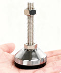 Hand holding Built Tough Heavy Duty Leveler Leg For Cabinets And Workbenches With 2.36 Inch Diameter Base, M12 Thread, black PVC coating.