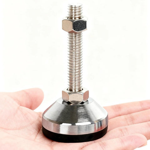 Hand holding Built Tough Heavy Duty Leveler Leg For Cabinets And Workbenches With 2.36 Inch Diameter Base, M12 Thread, black PVC coating.