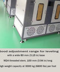 Machine on floor with Beefy Heavy Duty Leveler Leg Set With 3.15 Dia Base And M24 Thread 6600 Lb Capacity For Workbenches Machines And Cabinets Two Pack Silvery Finish Adjustable Feet With Anti Skid Grooves WUEIBUZUDAO showing leveling capacity and dimensions