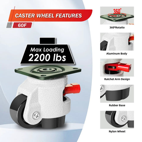Heavy Duty Leveling Casters With 360 Degree Swivel And Upgraded Handle, height adjustable, aluminum body, max load 2200 lbs
