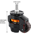 Close-up of a Heavy Duty Stem Leveling Caster with aluminum steel frame and rubber wheel, showing adjustable height and dimensions.