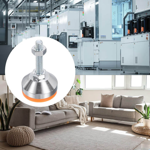 Stable, vibration-damping adjustable leveling feet with anti-slip design for workbenches, machines, and cabinets; 50mm base and M10x50mm thread ensure solid footing, easy height adjustment, and safe, level setup in a 4-pack shown at a factory floor and home setting.