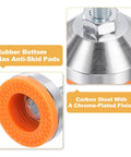 Close-up of 8 Pack Adjustable Heavy Duty Leveling Feet With 50mm Base Diameter And M12x50mm Thread Anti Slip Shock Absorbing Furniture Levelers showing rubber bottom and chrome finish.