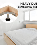 Heavy Duty Corner Leveling Feet 4 Pack for Cabinets and Furniture installed on a wooden bed frame for stability on uneven floor.