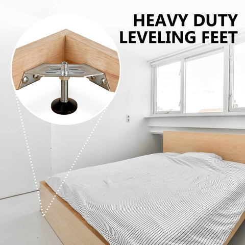 Heavy Duty Corner Leveling Feet 4 Pack for Cabinets and Furniture installed on a wooden bed frame for stability on uneven floor.