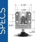 Heavy Duty Adjustable Leveling Feet For Desks Tables Cabinets And Shelving Units, Fulton 4 Pack Side Mount Levelers, shown with dimensions.