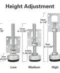 3 different height settings of 4 Pack Heavy Duty Adjustable Furniture Leveling Feet With Load Levelers For Tables Cabinets Benches And Appliances