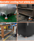 Heavy duty adjustable leveling feet with a 2.36 inch base, M12 thread and 50mm screw length installed on different machinery and cabinets