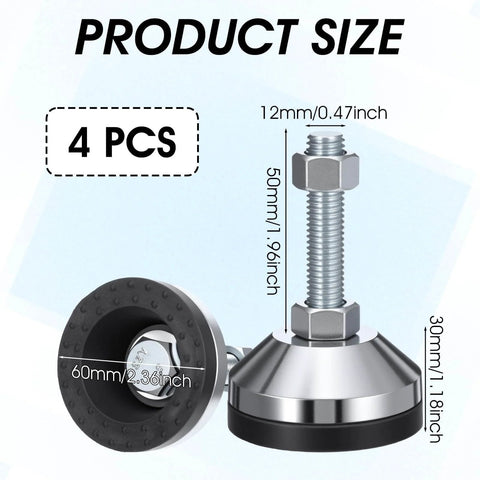 Heavy duty adjustable leveling feet with 2.36 inch base and M12 thread support up to 1300 lb, shown in side view with dimensions.