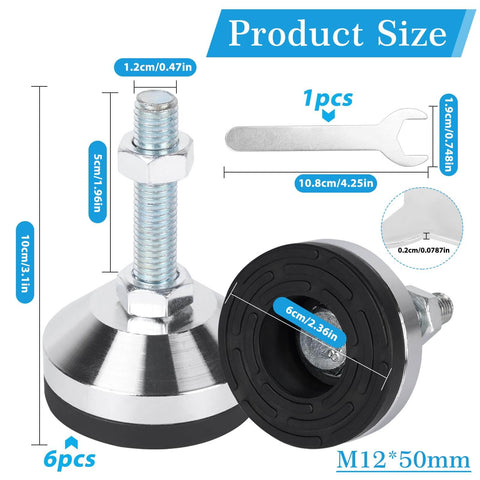 Heavy Duty Leveling Feet M12 Thread Adjustable Leg Levelers With 2.36 Inch Base Diameter Anti Skid Rubber Feet shown with wrench