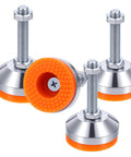 Four heavy duty adjustable leveling feet with a 2.36 inch base, M12 thread and 50mm screw length, chrome plated carbon steel with anti skid pads.