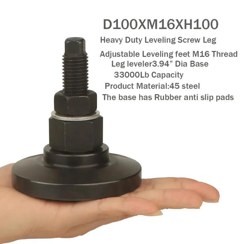 Beefy Heavy Duty Adjustable Leveling Feet For Workbenches Machines Cabinets M16 Thread Three Point Nine Four Inch Base 33000 Lb Capacity 45 Steel With Rubber Non Slip Pads WUEIBUZUDAO Ideal For Industrial Use And Heavy Equipment Stands For Home Shops on display on a hand, showing screw leg and non-slip pad.