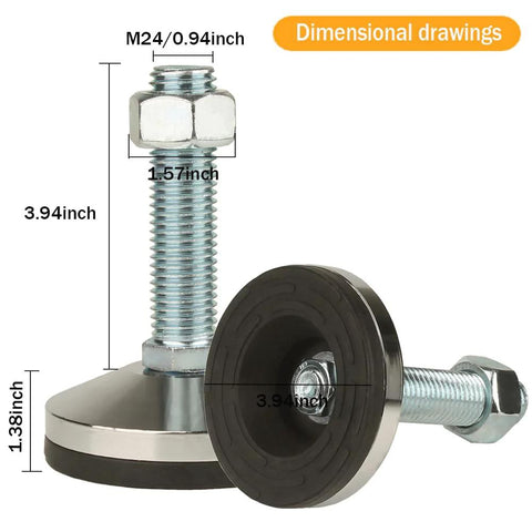 Dimensional drawing of Beefy Heavy Duty Leveling Feet with M24 thread, 3.94 inch base diameter, adjustable for stability.