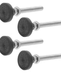 Four heavy duty screw on leveling feet with M8 threads provide precise height adjustment, anti skid rubber swivel base, and a wide nylon/metal base to stabilize desks, chairs, cabinets, and workbenches; supports up to 800 pounds