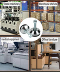 Collage of industrial settings with central image of Beefy Heavy Duty Leveling Feet for machines and workbenches.