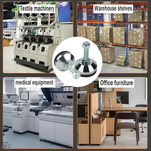 Collage of industrial settings with central image of Beefy Heavy Duty Leveling Feet for machines and workbenches.