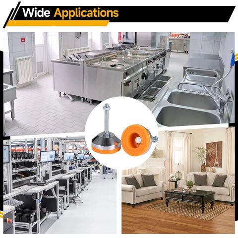 Rock Solid Heavy Duty Adjustable Leveling Feet With Base For Workbenches Machines And Cabinets M8 Thread D60xM8x50 4 Pack Chrome Plated Carbon Steel With Anti Slip Pads showing wide applications in kitchens, factories, and living rooms.
