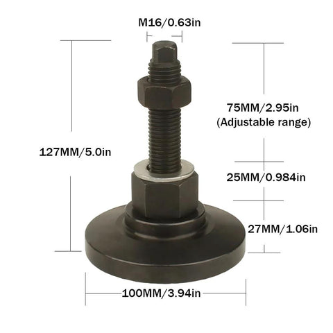 Beefy Heavy Duty Adjustable Leveling Feet For Workbenches Machines Cabinets M16 Thread Three Point Nine Four Inch Base 33000 Lb Capacity