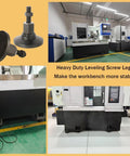 Heavy Duty Leveling Leg With Adjustable Feet For Workbench Machine And Cabinet, 4.72 Inch Base Diameter, M20 Thread, 66000 Lb Capacity, shown in workshop setting.