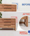 Before and after leveling a dresser with Heavy Duty Leveling Shims For Furniture And Appliances, Transparent Rigid Plastic Wedges, Made In USA, 300 Pack, Perfect For Leveling Tables, Desks, Beds, Toilets, Cabinets And Other Home Improvement Projects, The Original Wobble Wedges.