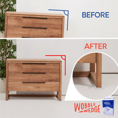 Before and after leveling a dresser with Heavy Duty Leveling Shims For Furniture And Appliances, Transparent Rigid Plastic Wedges, Made In USA, 300 Pack, Perfect For Leveling Tables, Desks, Beds, Toilets, Cabinets And Other Home Improvement Projects, The Original Wobble Wedges.
