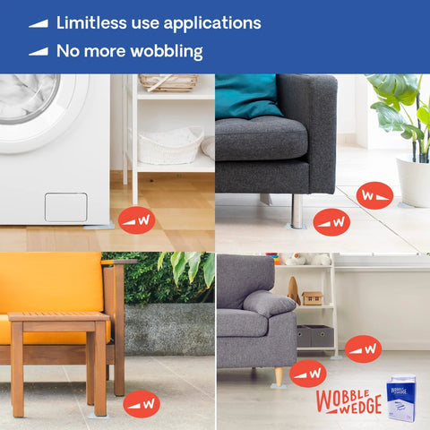 Heavy Duty Leveling Shims For Furniture And Appliances, Transparent Rigid Plastic Wedges, Made In USA, 300 Pack, installed on various furniture