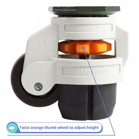 Set Of Four Heavy Duty Leveling Stem Casters With Retractable Height For Equipment showing orange thumb wheel for height adjustment.