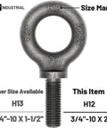 Heavy Duty Lifting Eyebolt Three Quarter Inch By Ten Thread Two Inch Shank Forged Carbon Steel 1035 with size mark H12
