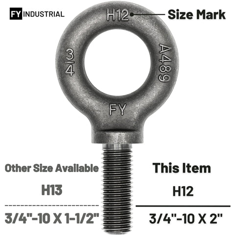 Heavy Duty Lifting Eyebolt Three Quarter Inch By Ten Thread Two Inch Shank Forged Carbon Steel 1035 with size mark H12