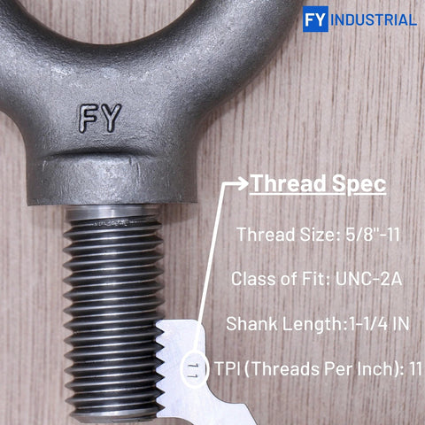 Thread specs of Two Pack Heavy Duty Lifting Eyebolts Five Eighth By Eleven Thread One And One Quarter Inch Long, carbon steel 1035.