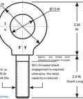 Diagram showing dimensions of Heavy Duty Lifting Eyebolt Three Quarter Inch By Ten Thread Two Inch Shank Forged Carbon Steel 1035.