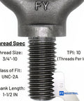 Close-up view of Heavy Duty Lifting Eyebolts Set Of Four Workhorse 3/4-10 Thread 1-1/2 Inch Long Industrial Grade Forged Carbon Steel ASME B18.15