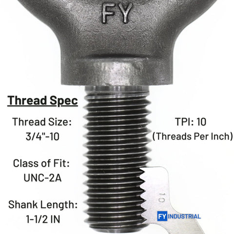 Close-up view of Heavy Duty Lifting Eyebolts Set Of Four Workhorse 3/4-10 Thread 1-1/2 Inch Long Industrial Grade Forged Carbon Steel ASME B18.15