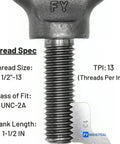 Close-up of 1/2-13 thread size on Six Pack Heavy Duty Lifting Eyebolts With Shoulder Eye Half Inch By Thirteen Thread One And A Half Inch Length Industrial Grade Carbon Steel 1035 ASME B18 15 B30 26 Certified ISO 9001 Certified ASTM A489 Tested For Heavy Lifting