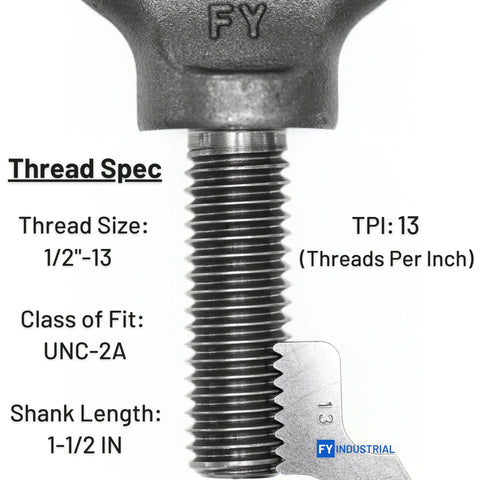 Close-up of 1/2-13 thread size on Six Pack Heavy Duty Lifting Eyebolts With Shoulder Eye Half Inch By Thirteen Thread One And A Half Inch Length Industrial Grade Carbon Steel 1035 ASME B18 15 B30 26 Certified ISO 9001 Certified ASTM A489 Tested For Heavy Lifting