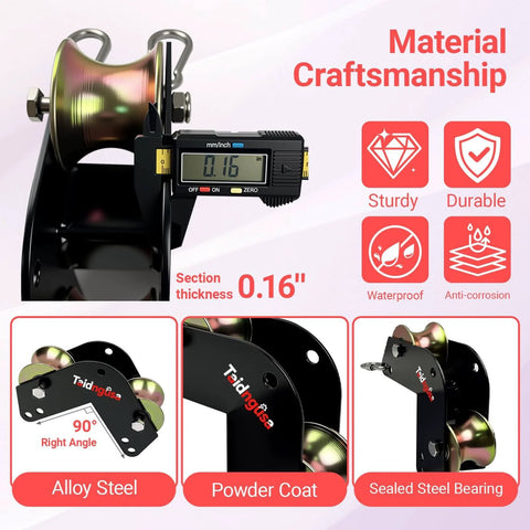 90 Degree Right Angle Lifting Pulley System For Material Handling And Construction, Heavy Duty Alloy Steel With Dual Hooks And Steel Bearing Roller, Abrasion Resistant Rope Guide To Protect Loads And Edges, Rope Not Included with close-up view of material craftsmanship indicators and thickness gauge